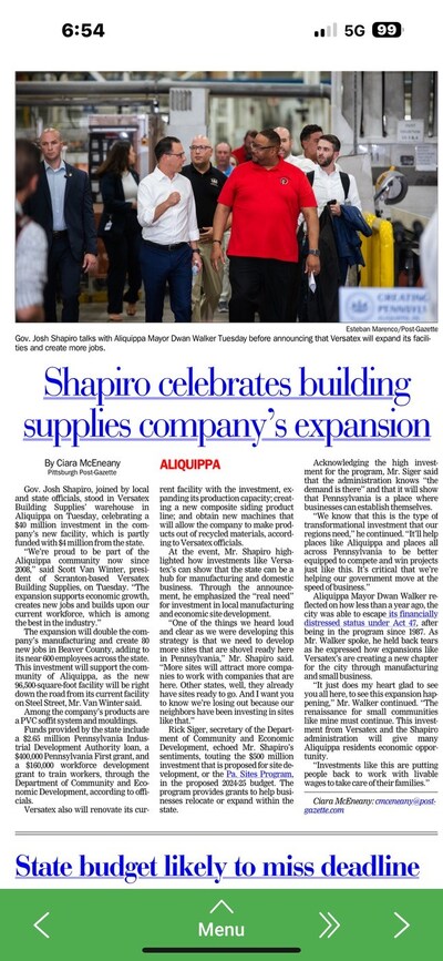 Governor Shapiro Celebrates Building Supplies Company's Expansion