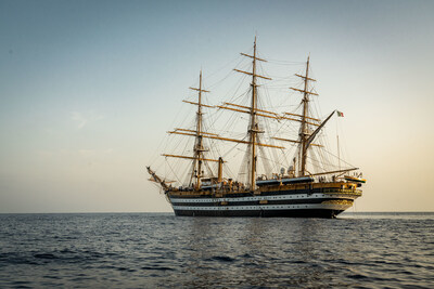 The Amerigo Vespucci, the "World's Most Beautiful Ship," sailing across the ocean. The ship will be making a stop at the Port of Los Angeles from July 3–8 as part of its multi-year world tour.