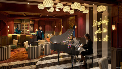Disney Cruise Line reveals the Scat Cat Lounge, an all-new piano lounge inspired by the Walt Disney Animation Studios film “The Aristocats.” The venue will offer an artistic salute to the film with themed craft cocktails, curated décor and live music when it debuts on the Disney Treasure in December 2024. (Disney)