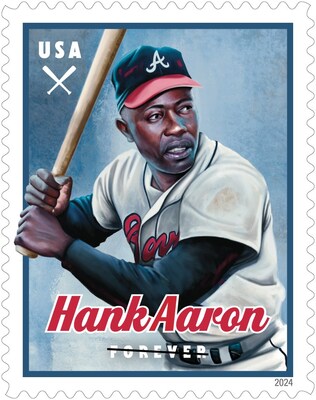 The Hank Aaron stamp features a portrait of Aaron as a member of the Atlanta Braves baseball team, based on a 1968 photo, showing his famous right-handed batting stance from the waist up.