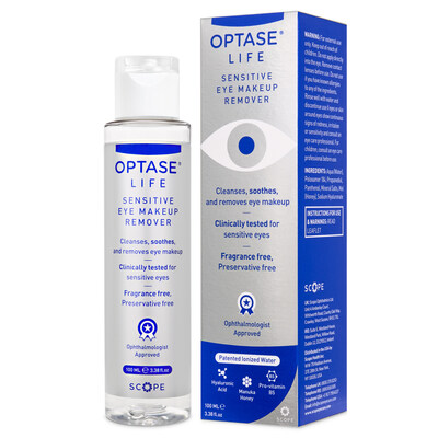OPTASE LIFE Sensitive Eye Makeup Remover Bottle and pack side by side. https://optase.com/