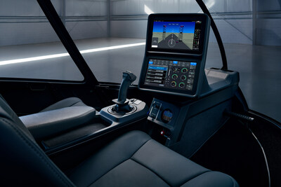 Interior shot of Skyryse One helicopter -- the world's first production aircraft operated with just a single control stick and two touch screens.