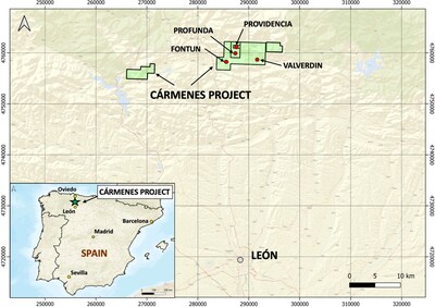 Figure 1 - Carmenes Project mineral rights and target locations, northern Spain. The project is approximately 55km north by paved road from the provincial capital León. Targets include former mine localities at Providencia, Profunda, Fontun and Valverdin. The León region has a centuries-old mining history. (CNW Group/Pan Global Resources Inc.)