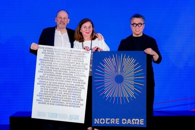 Laurent Ungerer and Nathalie Crinière presented a Paris Notre-Dame poster, designed by Ungerer, to the Hong Kong Design Centre. Professor Eric Yim, Chairman of the Hong Kong Design Centre, was on hand to receive the gift. The poster showcases the brand-new identity of Notre-Dame, created by Ungerer, and premiered globally at the KODW 2024 forum. (PRNewsfoto/Hong Kong Design Center)