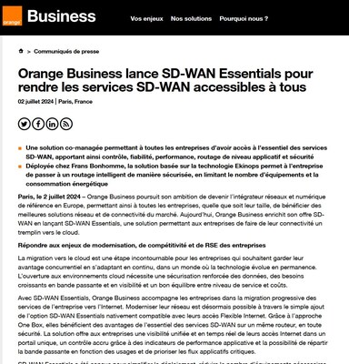 Orange Business Launches SD-WAN essentials based on Ekinops' technology