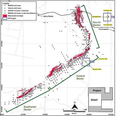 Figure 7: Location of Bravo Drilling at the T5 and T11 targets, reported in this News Release (CNW Group/Bravo Mining Corp.)