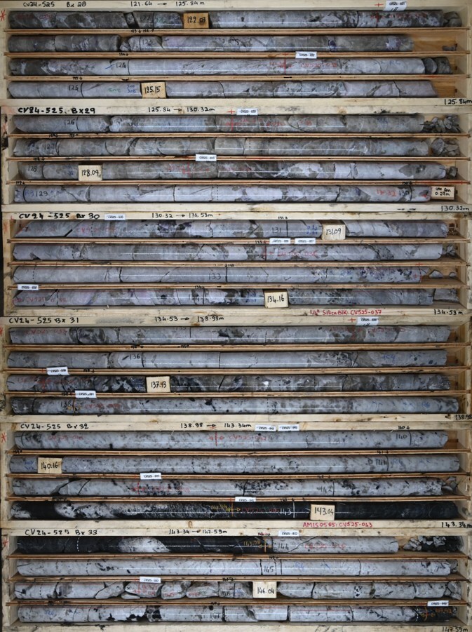 Figure 5: High-grade spodumene pegmatite drill intercept from the Vega Zone at the CV13 Spodumene Pegmatite, assaying 9.7 m at 5.16% Li2O (128.3 m to 138.0 m) in drill hole CV24 525. (CNW Group/Patriot Battery Metals Inc.)