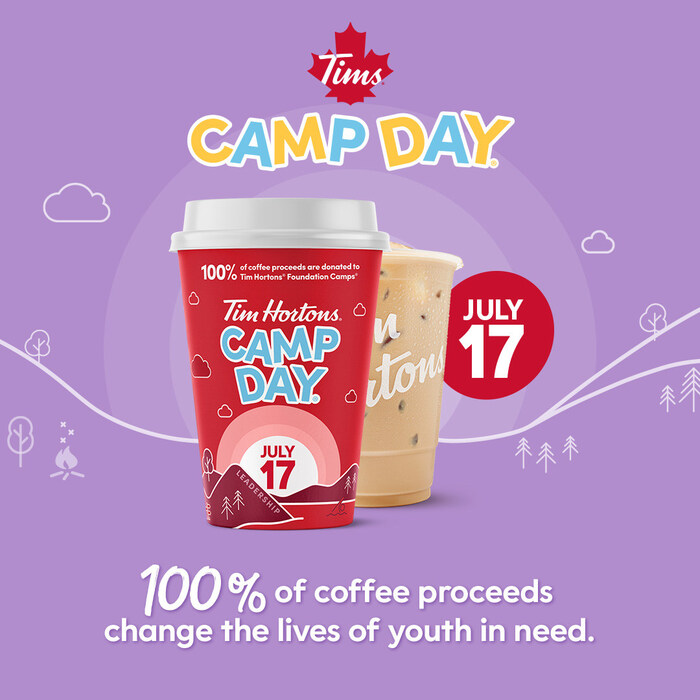 Tim Hortons Camp Day is back on July 17 with 100% of proceeds from hot and iced coffees donated to Tim Hortons Foundation Camps! (CNW Group/Tim Hortons)
