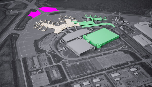 Phase I of Charleston International Airport’s Terminal Development Program would add up to five gates, an expanded ticketing hall and TSA checkpoint, a new Baggage Handling System, and additional concessions, among other enhancements. Image courtesy of CHS.