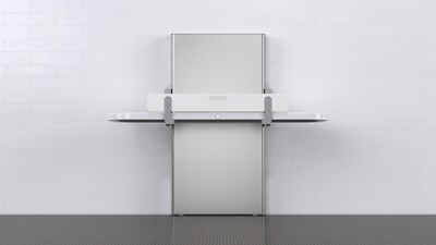 Ascent Universal Changing Table in open position. Ascent is a high-performance, low-maintenance, easy-to-install solution purpose-built for public restrooms. It accommodates people with disabilities and their caregivers, holds up to 500 pounds of weight, and is made in the USA.