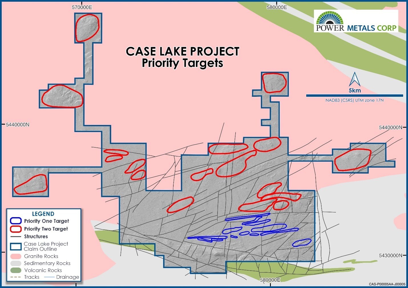 Figure 1 – Priority One and Two Targets Identified at the Case Lake Property (CNW Group/Power Metals Corp.) Figure 1 – Priority One and Two Targets Identified at the Case Lake Property (CNW Group/Power Metals Corp.)