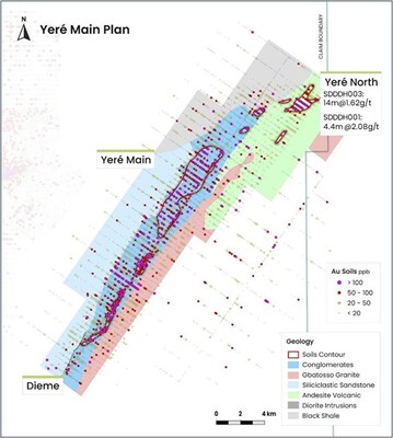 Figure 7: Map Yeré Trend with geochemistry results (CNW Group/Montage Gold Corp.)