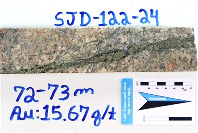 Figure 3 - Core sample showing the strong visual nature of mineralization at São Jorge, comprising a 1-2 cm wide pyrite vein within SHD-122-24, which returned 15.67 g/t Au from 72.0 to 73.0 metres depth (see Table 1). (CNW Group/GoldMining Inc.)