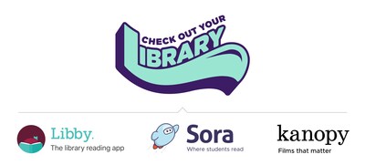 Logo for Check Out Your Library along with the logos for Libby, Sora, and Kanopy.