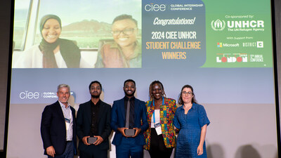 Winning team members Nimco Ibrahim, Amina Mkova (onscreen), Joselyto Charite Baho and Obed Korusenge Nsanzimfura with judges James Pellow, CIEE; Ruth Nyabuto, University of Oxford; and Tahlia Dwyer, UNHCR in London, June 21, 2024.