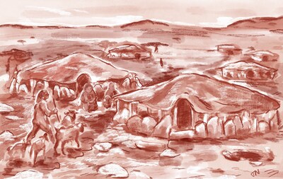 Artists’ impression of a small cluster of Standing Stone Circle dwellings during the Neolithic period. A male figure shepherding goats back into the camp, another sits outside, knapping stone tools. The animal skin walls of their dwelling are thrown up while a number of small hearth fires sit cold. (Artist: Thalia Nitz)