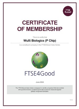 WuXi Biologics Named Constituent of the FTSE4Good Index Series for Fourth Year