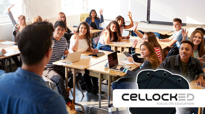 CellockED cell phone management pouches with retractable locking pin and signal blocking feature, designed for safe, durable, and secure usage in educational environments