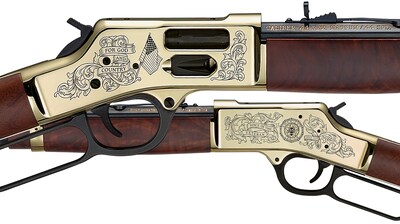 The Henry Big Boy Brass American Legion Tribute Edition .44 Magnum/.44 Spl features an engraved receiver machined from a solid piece of hardened brass.