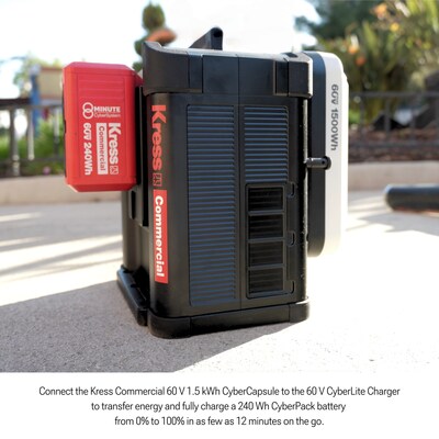 Connect the Kress Commercial 60 V 1.5 kWh CyberCapsule to the 60 V CyberLite Charger to transfer energy and fully charge a 240 Wh CyberPack battery from 0% to 100% in as few as 12 minutes on the go.