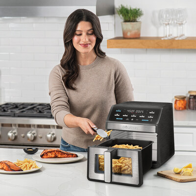 Gourmia's new Costco air fryer boasts an increased capacity of 8 quarts (up from 7) and enhanced features, including a viewing window, internal light, temperatures up to 450°F, and a more intuitive control panel with blue-light indicators.