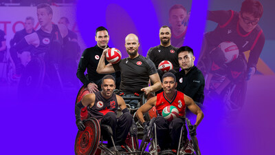 A team of 12 wheelchair rugby athletes has been nominated to represent Canada at the Paris 2024 Paralympic Games this summer, including (L-R): Mike Whitehead, Patrice Dagenais, Zak Madell, Travis Murao, Anthony Letourneau, and Trevor Hirschfield (CNW Group/Canadian Paralympic Committee (Sponsorships))