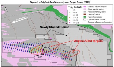 Figure 1 - Original gold anomaly and target zones (2023) (CNW Group/Targa Exploration Corp.)