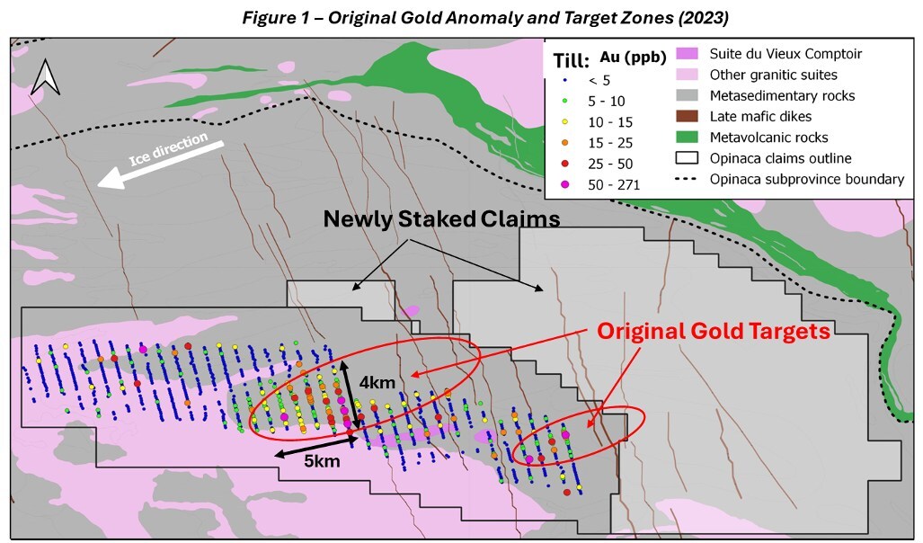 Figure 1 - Original gold anomaly and target zones (2023) (CNW Group/Targa Exploration Corp.) Figure 1 - Original gold anomaly and target zones (2023) (CNW Group/Targa Exploration Corp.)