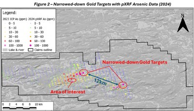 Figure 2 - Narrowed-down gold targets with pXRF arsenic data (2024) (CNW Group/Targa Exploration Corp.)
