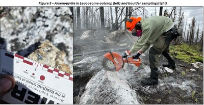 Figure 3 - Arsenopyrite in leucosome outcrop (left) and boulder sampling (right) (CNW Group/Targa Exploration Corp.)