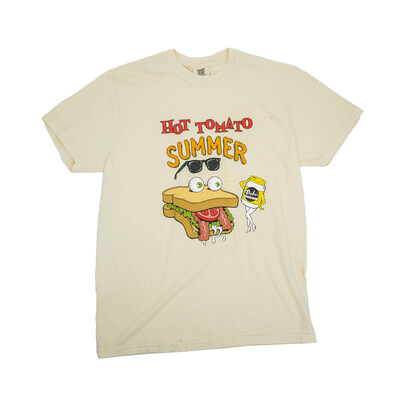 The 2024 Hot Tomato Summer merch collection includes this limited-edition T-shirt designed by Richmond-based illustrator Barf Comics.