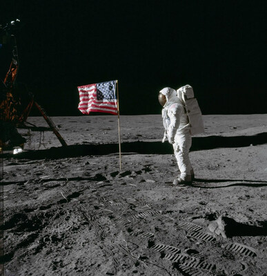 Apollo astronaut Buzz Aldrin poses for a photograph beside the deployed United States flag during an Apollo 11 moonwalk on July 20, 1969. The Lunar Module is on the left, and the footprints of the astronauts are clearly visible in the soil of the moon. Credit: NASA