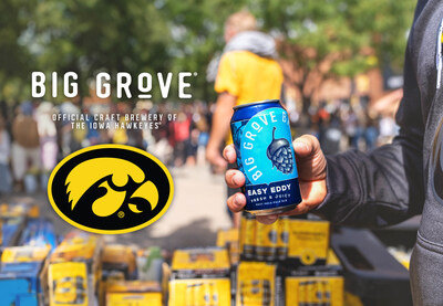 Fans enjoying a can of Big Grove's Easy Eddy craft beer at a University of Iowa tailgate party.