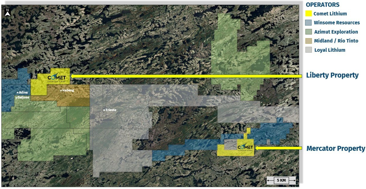 Figure 1: Mercator Property - Adjacent to Winsome Resources’ Tilly Project and Loyal Lithium’s Trieste Project (CNW Group/Comet Lithium Corporation) Figure 1: Mercator Property - Adjacent to Winsome Resources’ Tilly Project and Loyal Lithium’s Trieste Project (CNW Group/Comet Lithium Corporation)