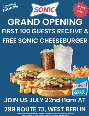 To celebrate the grand opening, West Berlin SONIC Drive-In will be giving away a free cheeseburger for the first 100 guests in line starting at 11am ET July 22. At 11am radio station 95.1 FM WAYV of IHeart media will be there playing music and providing customer with free station giveaways West Berlin SONIC Drive-In local franchisee Jack Litman invited local & county officials as well as local first responders for the official ribbon cutting. Berlin Mayor Phyllis Magazzu confirmed attendance