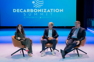 Keynote Address: Maritime Decarbonization: Setting the Stage for 2050. Left to Right: Dana Ritzcovan, EVP and Chief People and Outreach Officer, Royal Caribbean Group; Bo Cerup-Simonsen, CEO of Mærsk Mc-Kinney Møller Center for Zero Carbon Shipping; Palle Laursen, EVP and Head of Marine for Royal Caribbean Group