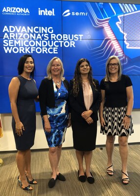 Arizona Governor Katie Hobbs, Fresh Start Woman Gabby Medina, Intel Chief People Officer Christy Pambianchi and Fresh Start Director of Education Adriana Arroyo announce the launch of Intel's inaugural apprenticeship program for manufacturing technicians and the all-women cohort recruited by Fresh Start Women's Foundation.