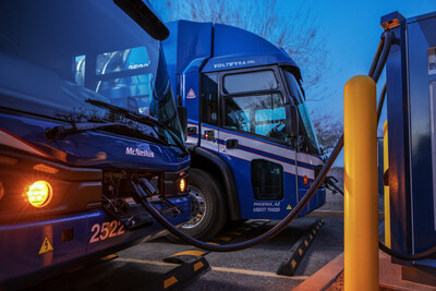 Volterra EVs being charged at one of Republic Services' hauling yards.