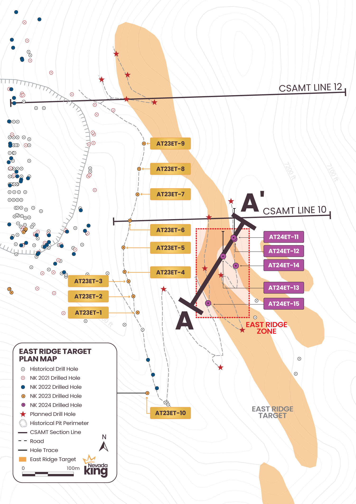 Figure 1. Plan view of ERZ showing locations of reported reconnaissance drill holes. The composited low resistivity CSAMT anomaly highlighted in orange trends NNW for about 1,000m and corresponds with intrusive dikes and associated decalcification in the surrounding dolomite that provided the plumbing system for gold mineralization. The trend of the anomaly is very similar to that of the main pit resource zone. (CNW Group/Nevada King Gold Corp.) Figure 1. Plan view of ERZ showing locations of reported reconnaissance drill holes. The composited low resistivity CSAMT anomaly highlighted in orange trends NNW for about 1,000m and corresponds with intrusive dikes and associated decalcification in the surrounding dolomite that provided the plumbing system for gold mineralization. The trend of the anomaly is very similar to that of the main pit resource zone. (CNW Group/Nevada King Gold Corp.)