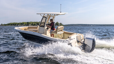 Scout 215 XSF powered by Flux Marine running at 25 mph through Bristol Harbor.