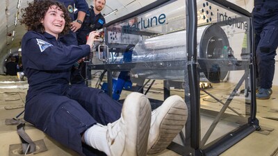 *Photo Credit: Zero-Gravity Corporation and Steve Boxall*  Recent aerospace engineering student and former Interlune intern Maia Willebrand helps test an early prototype of Interlune beneficiation and extraction hardware on a parabolic flight in February 2024