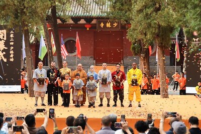 2024 World Shaolin Kung Fu Stars receive trophies and medals from Shi Yongxin, the Abbot of Shaolin Temple