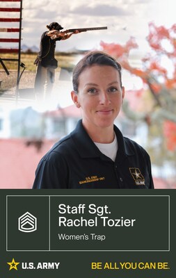 Staff Sgt. Rachel Tozier (42A, Human Resource Specialist) comes from a family of marksmen and joined USAMU in 2017 to broaden her possibilities in the sport. In preparation for her debut in Paris, she has taken home silver and bronze at the 2019 and 2023 Pan American Games, respectively, and is a multi-time International Shooting Sport Federation medalist.