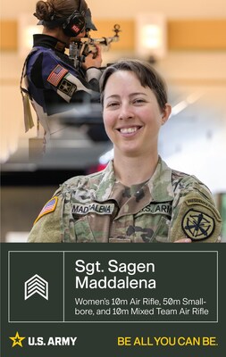 Sgt. Sagen Maddalena (13B, Cannon Crewmember) is returning to the world stage after competing in Tokyo and placing 5th in the 50m Smallbore Rifle event. Now, she is also qualified for the 10m Air Rifle and 10m Mixed Team Air Rifle events, and is passionate about paying her experience forward, frequently mentoring young shooters in the discipline.