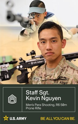 Staff Sgt. Kevin Nguyen (11B, Infantryman) is a first-generation American and credits all of his marksman training to his Army service. After joining WCAP in 2015, he honed his skills, and earned a spot on the team in Tokyo. This Purple Heart Recipient will now return to the Games to compete in the R6 50m Prone Rifle event.