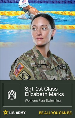 Sgt. 1st Class Elizabeth Marks (68W, Combat Medic) joined the Army in 2008, and was accepted into the WCAP program as an elite swimmer in 2012. She is a seasoned competitor at the Games, earning gold and bronze in 2016, and gold, silver, and bronze in 2020. After tying her own world record in the 100m backstroke S6 in the 2024 Trials, she is heading to Paris and looking to continue her winning streak.