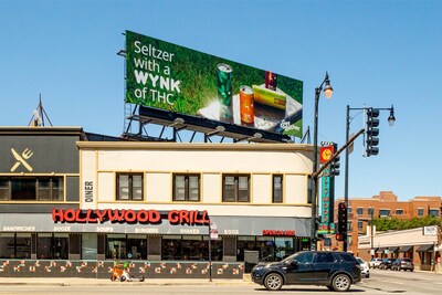 Pictured: WYNK THC Seltzer billboard above Hollywood Grill on W North Ave in Chicago