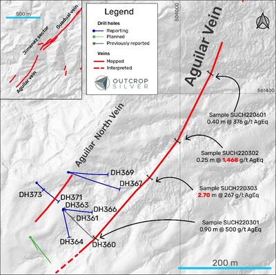 Figure 1. The Aguilar plan view shows the detailed drill plan and reported holes in this release (Table 1), including holes with pending assays, previous drilling, and channel samples previously reported (Table 2). (CNW Group/Outcrop Silver & Gold Corporation)