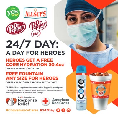 Yesway is offering a free Core Hydration water (30.4 ounce) on July 24*, as well as, from July 21 through 24, a free fountain drink of any size, to firefighters, doctors, nurses, health practitioners, Red Cross professionals, and 911 professionals in uniform or with a valid badge, at all of its Yesway and Allsup's store locations