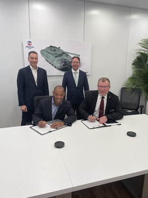Allison Transmission and BAE Systems Hägglunds sign a contract for the provision of the Allison 4040 MX™ cross-drive transmission for ongoing CV90 Infantry Fighting Vehicle programs. Pictured (left to right) are David S. Graziosi, Chair and Chief Executive Officer, Allison Transmission; Dana Pittard, Vice President of Defense Programs, Allison Transmission; Jeremy Tondreault, President of Platforms and Services, BAE Systems Inc.; and Tommy Gustafsson-Rask, Managing Director, BAE Systems Hägglund